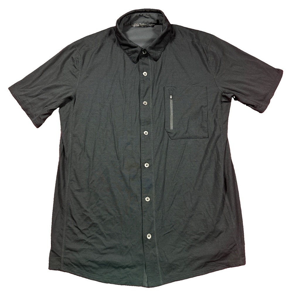 QOR Short Sleeve Merino Wool Button Up Zip Pocket Men's Medium Black
